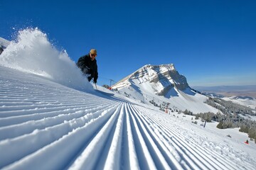 A skier moves swiftly down a freshly groomed slope while snow sprays around them. The clear sky and mountain backdrop complete the scene