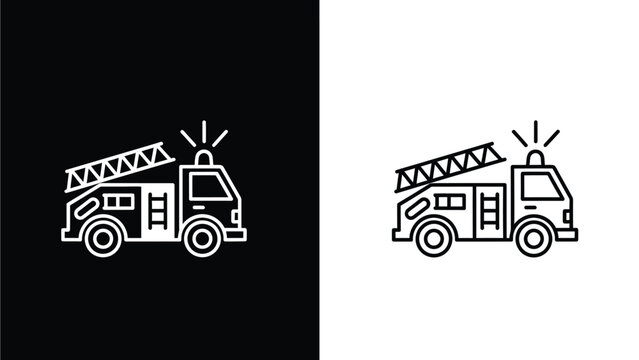 A white line drawing of a fire truck is shown on a black background and a white background.