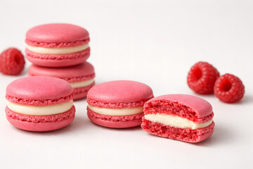 Fototapeta premium A minimalist arrangement of raspberry macarons emphasizes texture precision for luxury culinary stock visuals