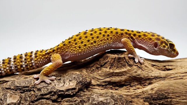 Leopard gecko with yellow-orange spots perched on rugged rock, textured scales, pale background now