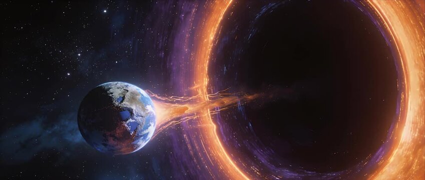 Space planet blackhole energy orbit gravity cosmic fire ring destruction science fiction digital art universe galaxy nebula night sky glowing circle swirling energy dramatic fantasy concept art wide