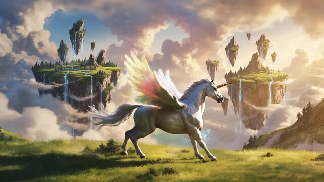 A majestic white winged horse runs freely in a lush green meadow with floating islands and cloudy sky in the background, symbolizing fantasy and freedom