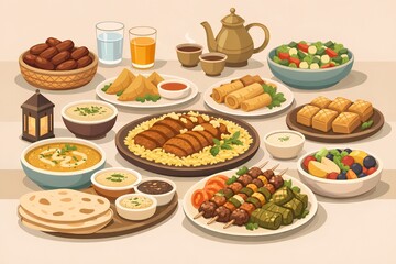Ramadan iftar table illustration for festive marketing materials and commercial design