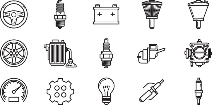 Collection of outline vector icons showing various essential auto spare parts