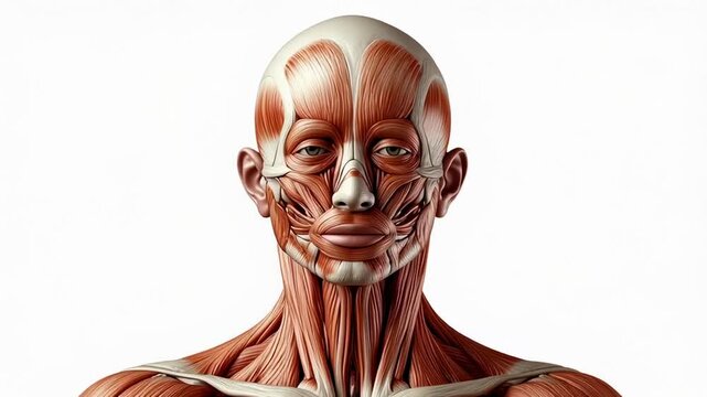 Anatomical Model of Human Head and Neck Muscles on White Background