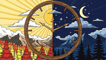 Day and night cycle concept with clock mountains forest sun moon and seasonal changes