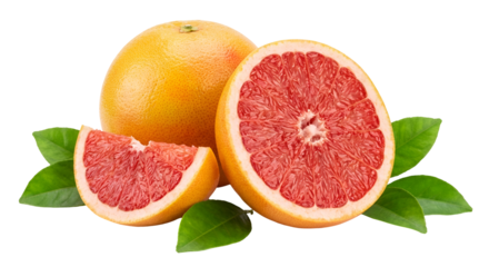 Vibrant red grapefruit, whole, half, and wedge with fresh green leaves, showcasing healthy citrus fruit, isolated on transparent background.