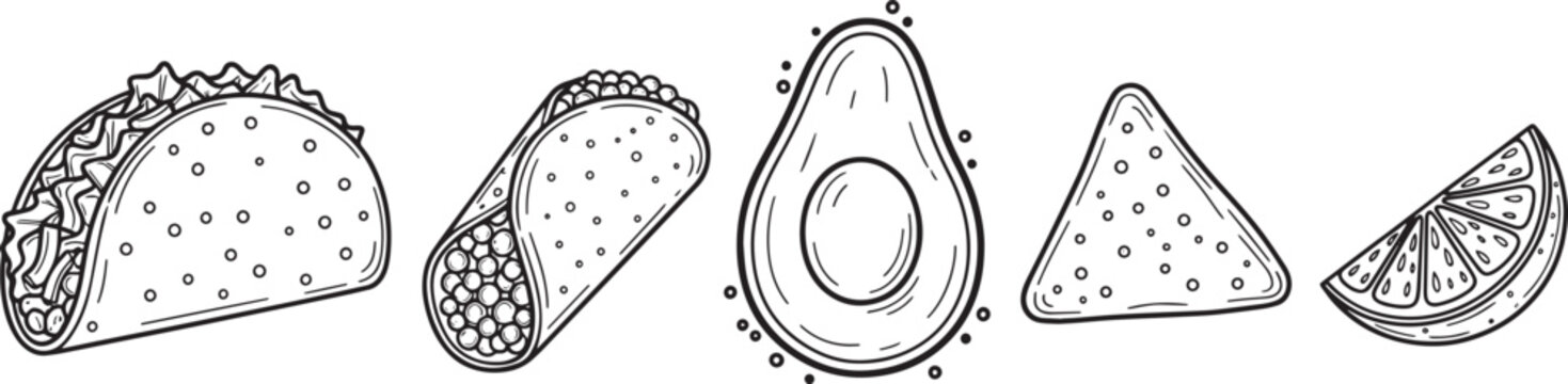 Mexican food ingredients line art collection hand drawn tacos