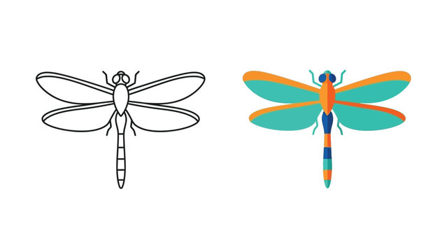 Two stylized dragonfly illustrations are presented side by side one featuring a simple black outline and the other showing vibrant flat color fill design elements