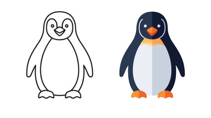 Fototapeta premium Cute cartoon penguin coloring page template beside a vibrant flat design illustration demonstrating outline versus filled vector artwork concepts