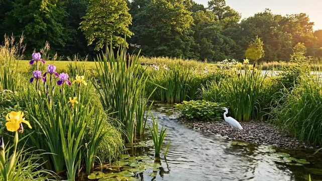 Golden-hour garden pond with iris lanes, reeds, lily pads, a white egret, bees, and sunlight. Aglow