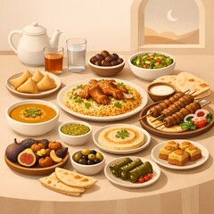 Ramadan Kareem Iftar Food Illustration for Islamic Campaign and Seasonal Design