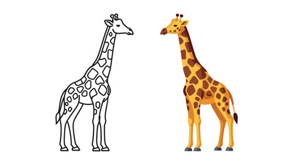 Obraz premium Comparison of a detailed colored cartoon giraffe vector illustration alongside its simple black and white outline drawing ready for coloring activities