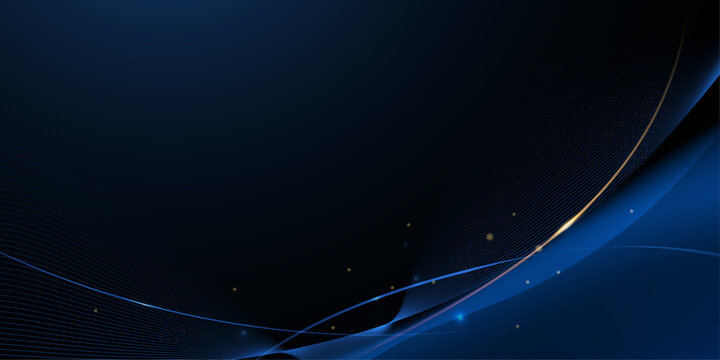 Vector Abstract flowing wave line, particle dot pattern, neon light, gold line, blue gradient background. Modern futuristic design, particles wave data for background. Technology concept