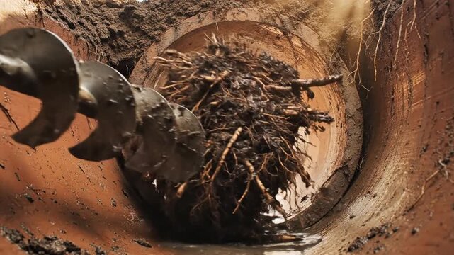 A heavy auger drills into earth, exposing a circular trench and a dense root ball, for transplant..