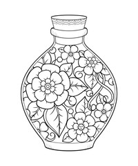 Glass bottle with floral pattern in mehndi style for coloring book page. Antistress for adults and children. Doodle ornament in black and white. Hand draw vector illustration.