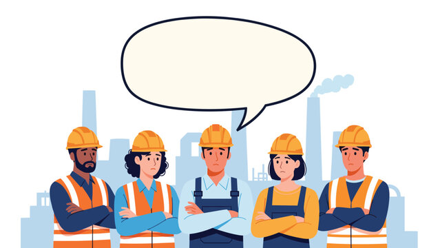 Group of unhappy construction workers in safety gear standing together in front of a factory with a blank speech bubble for text.