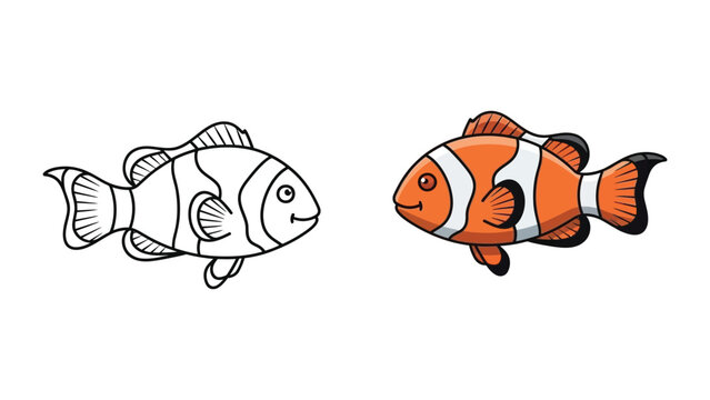 Adorable cartoon clownfish illustration showing a simple black and white outline alongside a vibrant fully colored version for creativity projects