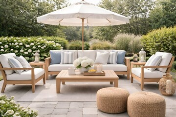 Fototapeta premium Elegant Outdoor Patio with Neutral Seating, Garden Umbrella, and Coastal Decor