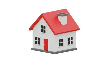 Red Roof House Illustration with White Walls and Chimney - 3D Render