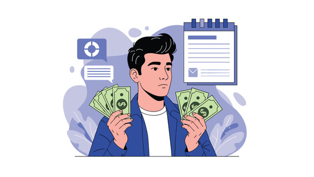 Young man holding stacks of money banknotes while looking concerned with financial icons and a calendar in the background.