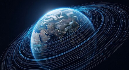 Digital Earth with Glowing Rings and Global Network Connections.