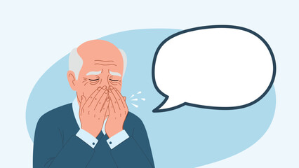 Elderly man with a cold sneezing into a tissue with a blank speech bubble for health advice or medical symptoms.