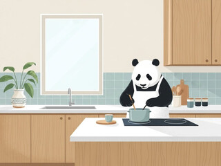 料理をするパンダ