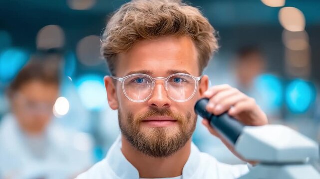 Focused Scientist in Lab: A focused scientist gazes intently through a microscope, embodying the spirit of scientific inquiry within a modern laboratory setting.