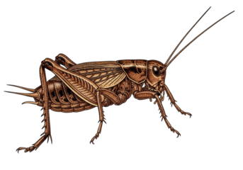 Hyper-realistic drawing of an earthy brown field cricket in strict lateral profile, displaying detailed segmented body and muscular legs against a transparent background, concept of biological
