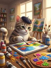 絵画を描く猫