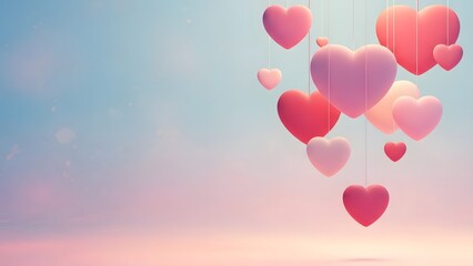 A cluster of pink and red heart balloons floating in the air