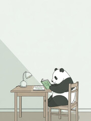 テーブルで読書するパンダ