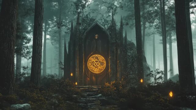 Enchanted forest with a mystical house illuminated by a glowing circle at dusk