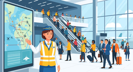 Obraz premium Airline staff guiding passengers at modern airport terminal