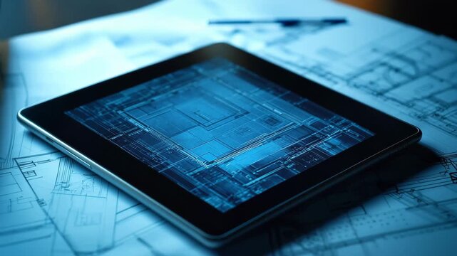 Blueprint designs and digital technology merge to create innovative architectural concepts in a modern workspace