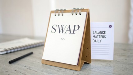 Stylish desk display featuring a motivational calendar with the word "SWAP" and an inspiring note about balance matters daily