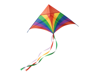 Colorful kite with rainbow tail isolated on a transparent background flying