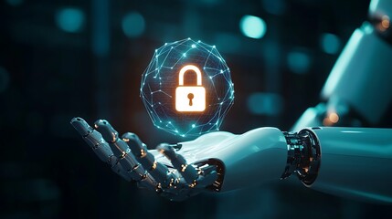 A robotic hand holds a glowing digital padlock with a network background