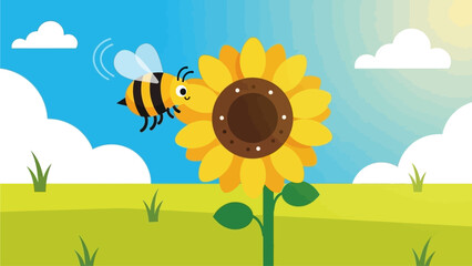 A lively flat design illustration showing a cheerful bumblebee character joyfully buzzing around a bright, large sunflower in a sunny field. 