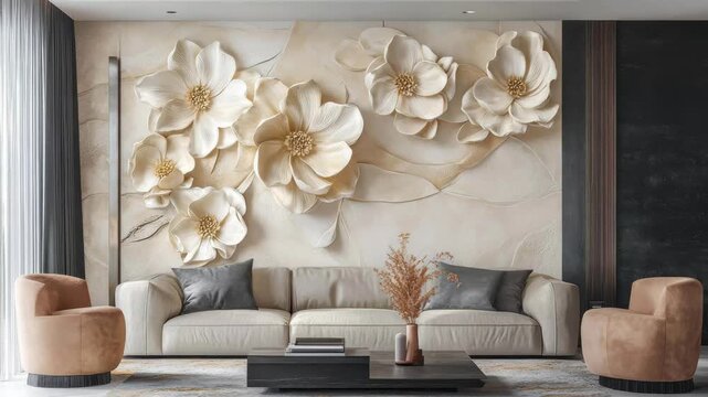 Modern living room featuring three-dimensional flower wall art and elegant furniture design