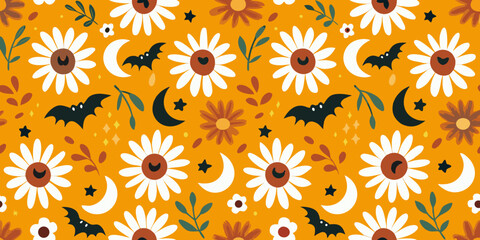 Autumn floral pattern with bats crescent moons and scattered stars