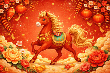Chinese New Year lucky horse illustration with lanterns, flowers and festive red background in detailed decorative style