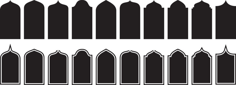 Collection of oriental style islamic vector shapes of a window or door arch mosque gate islamic arabesque pattern arab frame set on transparent background ramadan kareem silhouette icon set.