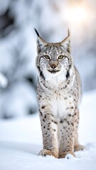 Fototapeta premium Lynx poses in snowy forest with sun glinting off tree tops. Facing camera, spots on fur visible