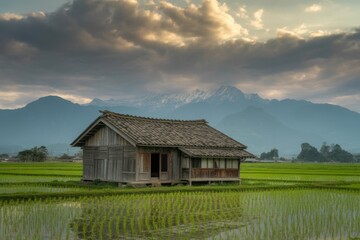 Fototapeta premium Tranquil scene: a traditional house nestled in a rice field, mountains in the background