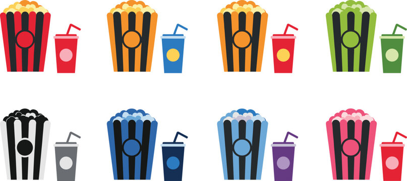 Popcorn and soda combo icon set colorful cinema snack buckets and drink cups vector illustration
