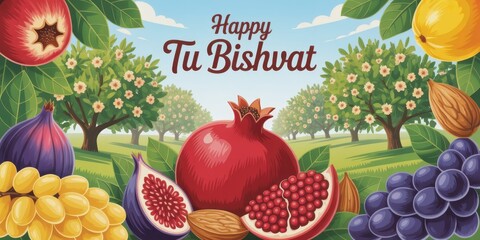 Tu Bishvat celebration with fruits in orchard, beautiful illustration