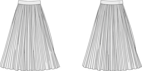Vector flat sketch of pleated midi skirt with fitted waistband, front and back views, women's fashion technical illustration © MstMoslama