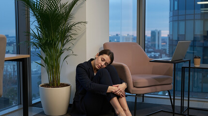 Woman sitting on floor with knees hugged in modern office setting  